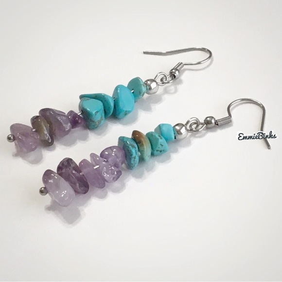 💥3for$28 New Genuine Amethyst and Turquoise Linear Drop Earrings /Gems Stones - Picture 4 of 15